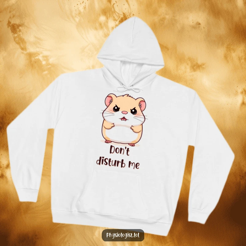 Funny stern hamster hoodie, a hamster bouncing with a serious expression, warm and humorous apparel.
