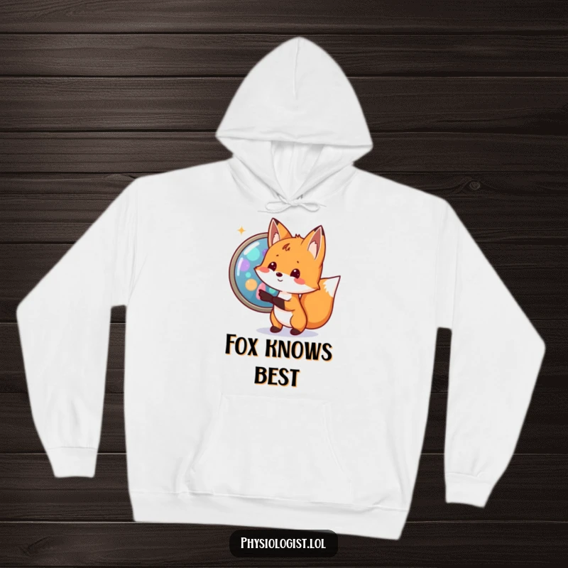 Funny fox biologist hoodie featuring a small fox excitedly pointing to a magnified cell with bright, colorful organelles, offering warm science humor.