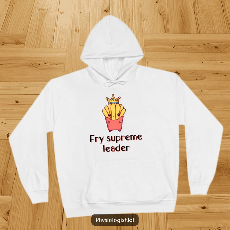 Funny french fry wearing a tiny crown, looking majestic and content, depicted on a soft and warm hoodie.