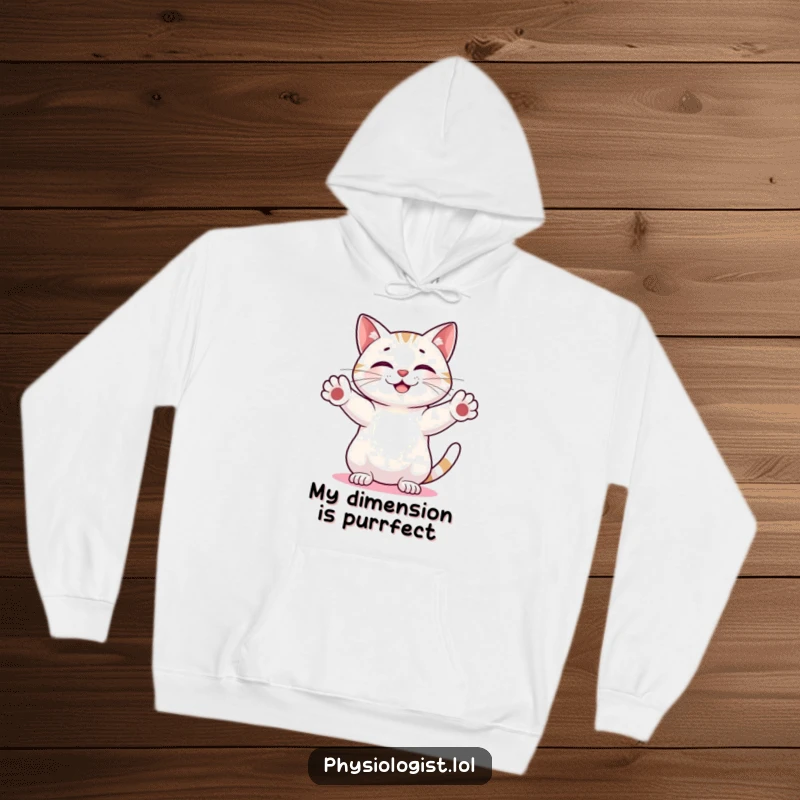 Funny Cat Abstract Hoodie: Soft hoodie with a smiling cat measuring an abstract glowing shape, offering humorous warmth and style.