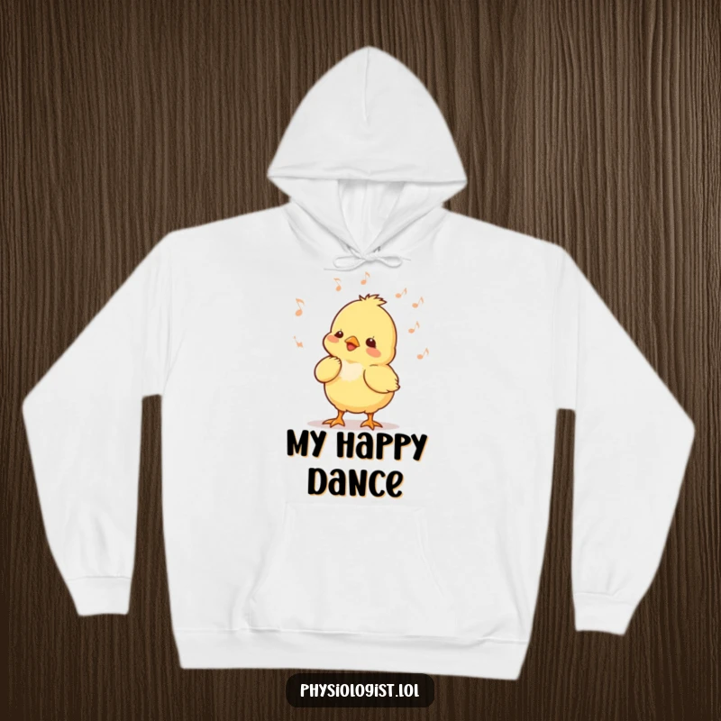 Funny chick music hoodie showing a tiny chick bobbing its head to music, designed for warm, cheerful style.