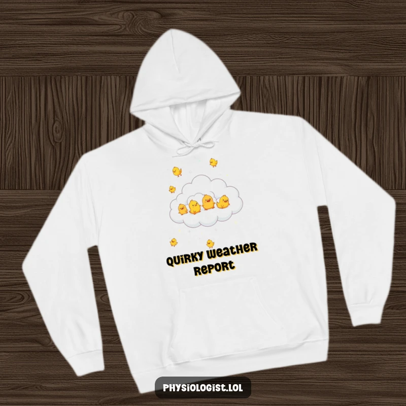 Funny fluffy cloud raining rubber chickens, featured on a cozy hoodie, radiating whimsical and humorous charm.