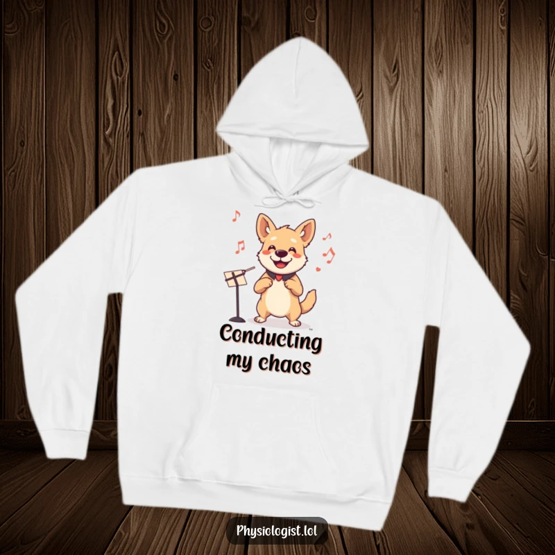 Funny dog conductor hoodie with a smiling dog leading an invisible orchestra, designed for warmth and humorous style.