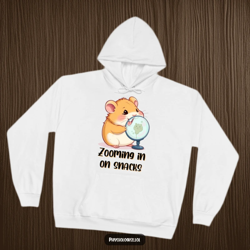 Funny hamster hoodie featuring a happy hamster intently inspecting a magnified image on a screen, a humorous depiction of digital investigation.
