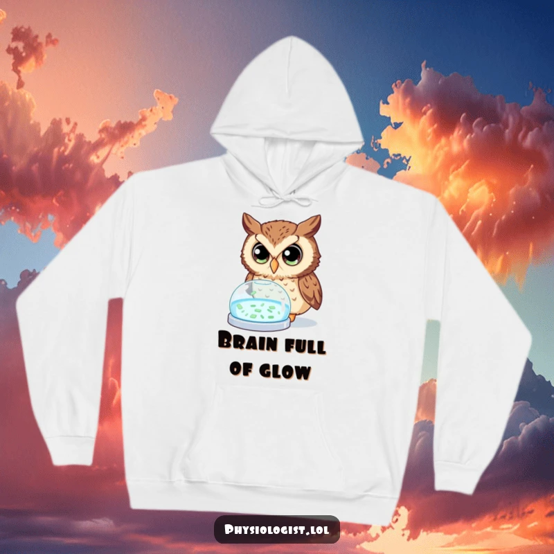 Funny owl hoodie featuring a curious owl with wide eyes intently studying a glowing petri dish, a humorous nod to scientific endeavors.