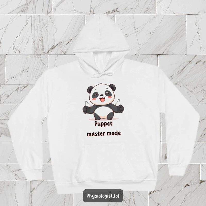 Funny panda hoodie featuring a cheerful panda using puppets to demonstrate muscle movement, a humorous depiction of strength training education.