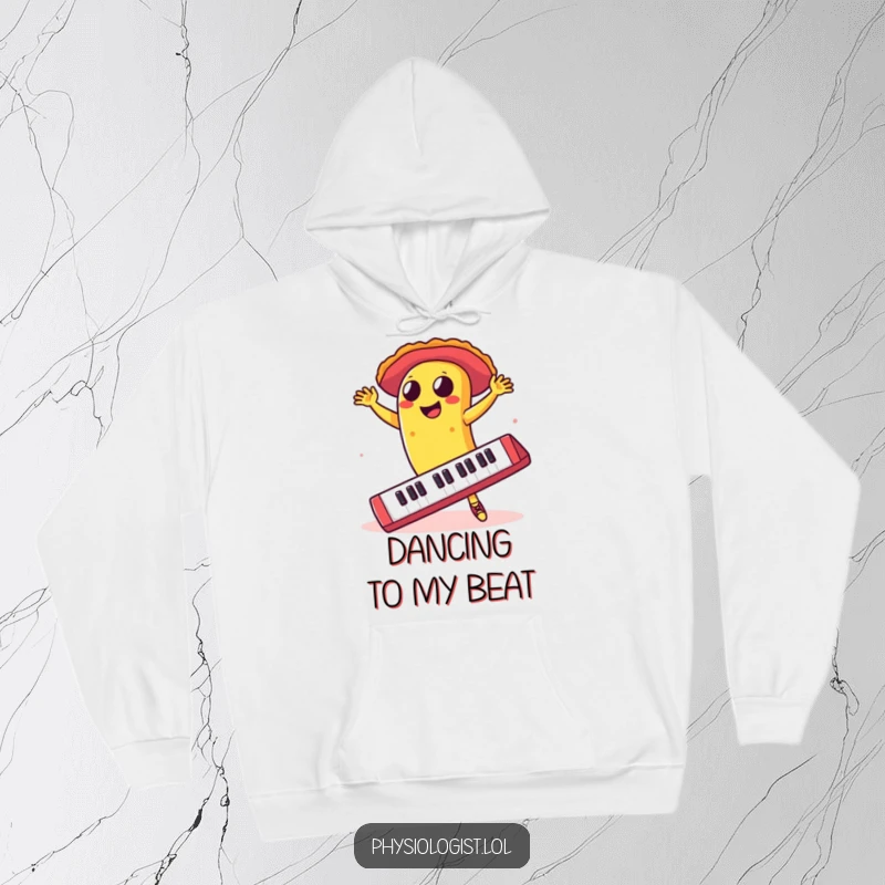 Funny taco dancing salsa on a giant keyboard, featured on a cozy hoodie, radiating fun and tech-inspired humor.