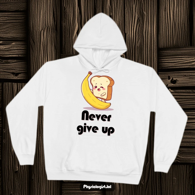 Funny toast determinedly climbing a banana, featured on a cozy hoodie, symbolizing a humorous journey of ambition.