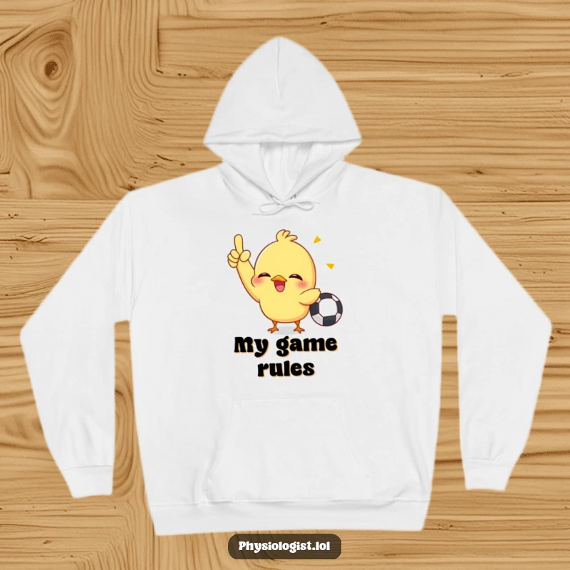 Funny hoodie with a cute giggling chick enthusiastically signaling a penalty, perfect for staying warm and humorous.