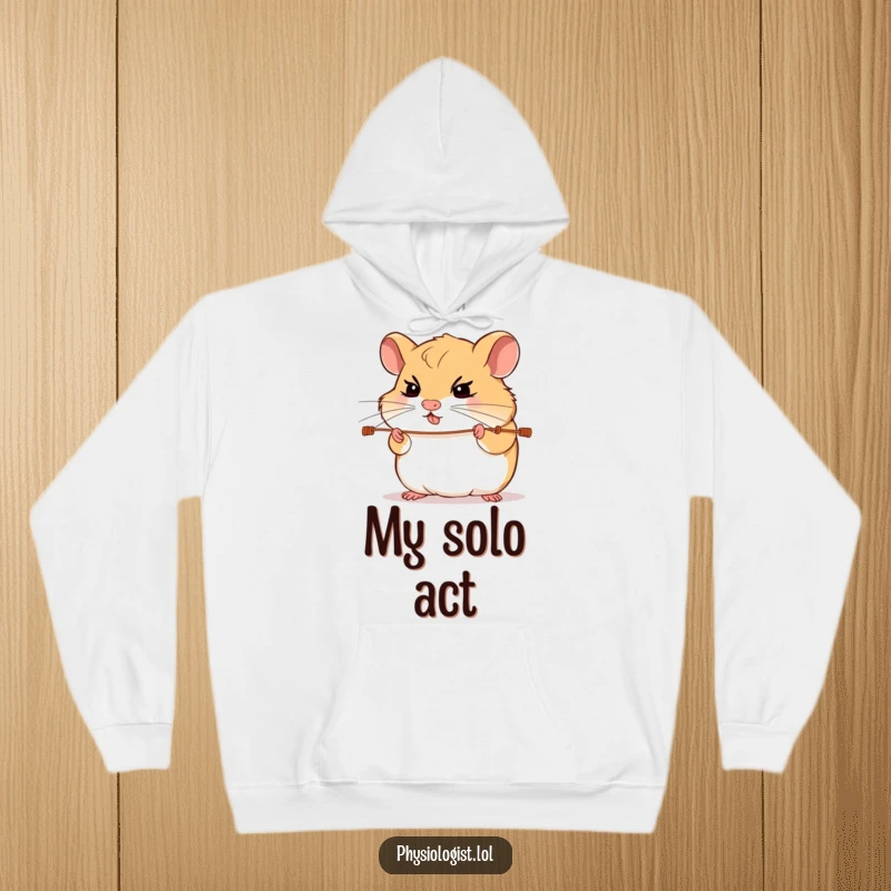Funny hamster guitar hoodie showing a determined hamster intensely focused on playing guitar strings, designed for warm, humorous style.