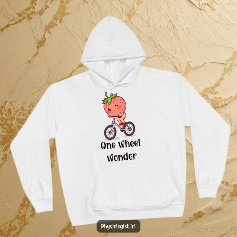 Funny blushing strawberry balancing precariously on a unicycle, depicted on a soft and warm hoodie.