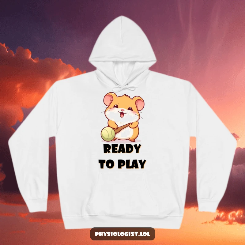 Funny Hamster Hoodie: A cheerful hamster engrossed in batting a ball with a small paddle, offering warmth and playful charm.