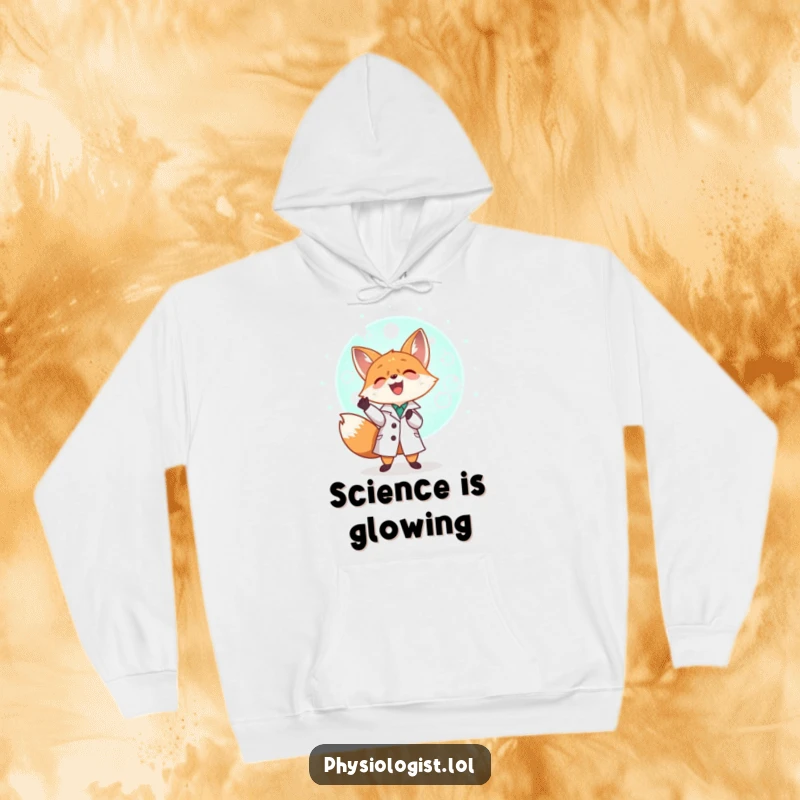 Funny tiny fox in a lab coat examining a giant glowing cell, a cozy and humorous hoodie for science lovers.