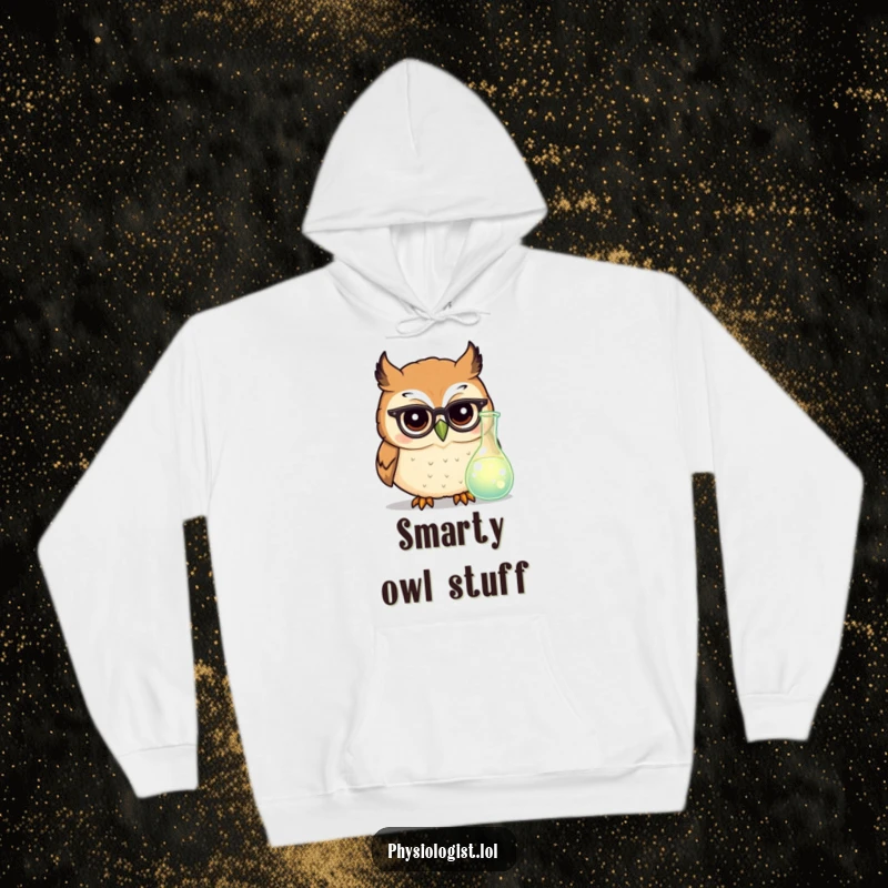 Funny owl scientist hoodie featuring a round owl with tiny glasses examining a glowing beaker, delivering warm, intelligent humor.