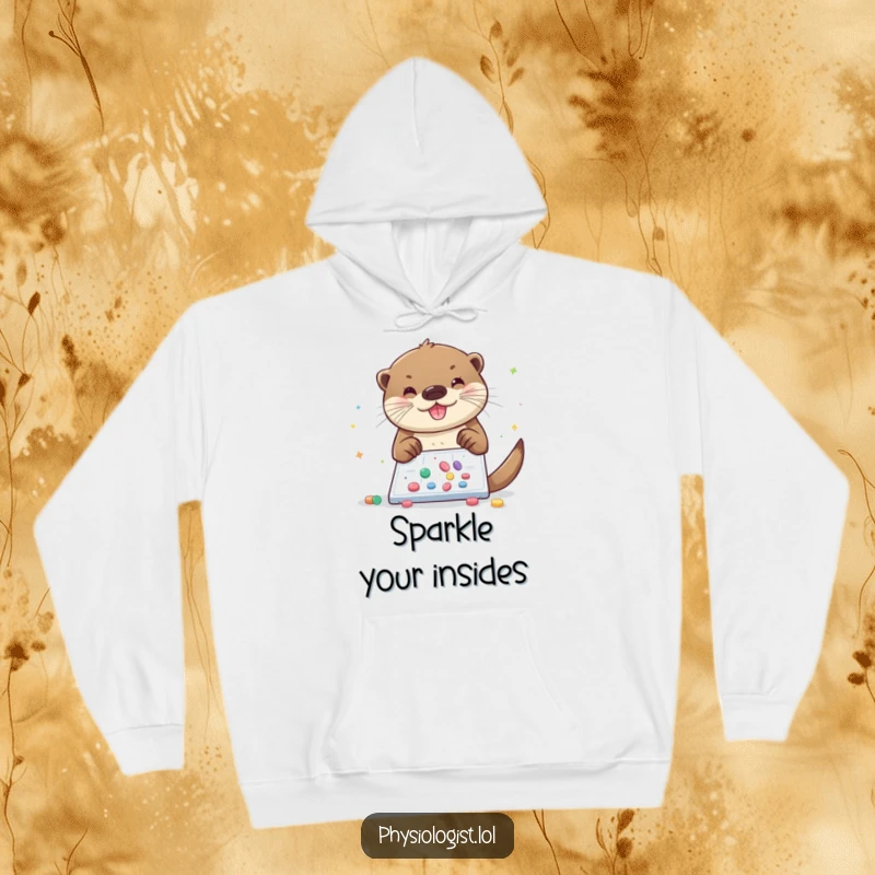 Funny otter hoodie, a cozy sweatshirt featuring a cheerful otter sprinkling glitter and pills onto a slide, combining warmth with magic.