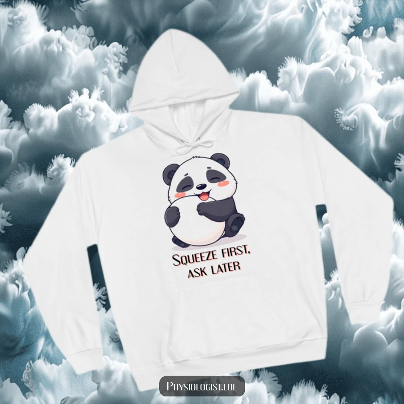 Funny Hoodie: Giggling panda character intensely squeezing ambiguously shaped stress ball, perfect for cozy, humorous relaxation.