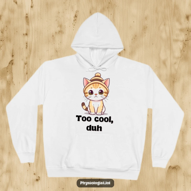 Funny curious cat sporting a small, striped hat, exuding playful charm. A cozy funny gift for cat admirers.