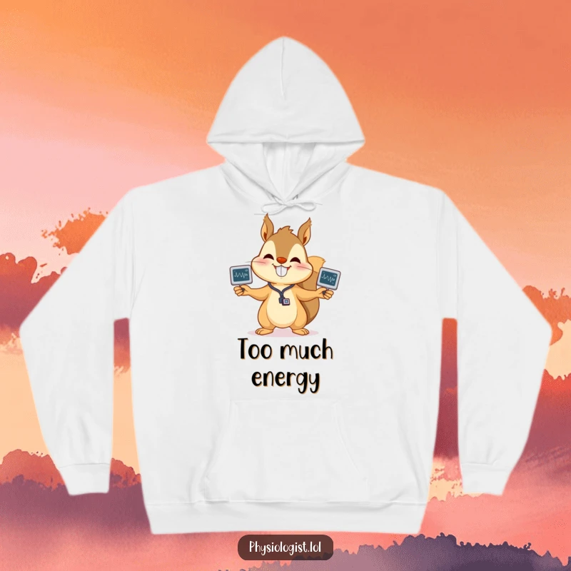 Funny squirrel EKG hoodie showcasing a happy squirrel energetically juggling heartbeat monitor readouts, a cozy and humorous gift for medical staff.