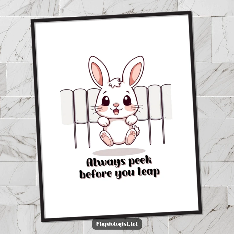Funny Free Printable Wall Art: A cartoon rabbit mid-air, leaping playfully behind a hidden barrier, full of whimsical energy and charm.