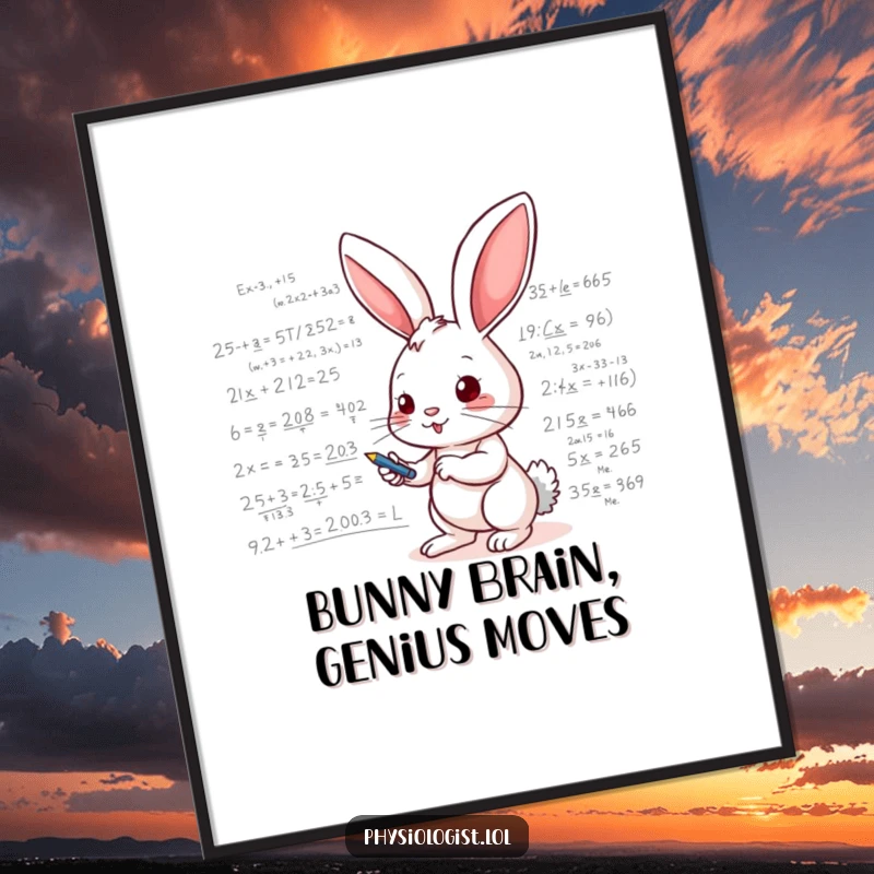Funny Free Printable Wall Art: Energetic bunny, scribbling intensely on a whiteboard packed with mathematical formulas and symbols, looking brilliant.