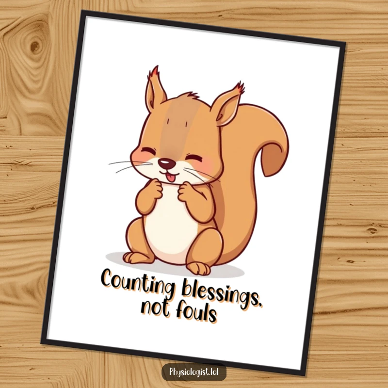 Funny Free Printable Wall Art: Squirrel counting imaginary fouls on paws, referee theme, cartoon humor, instant downloadable art.