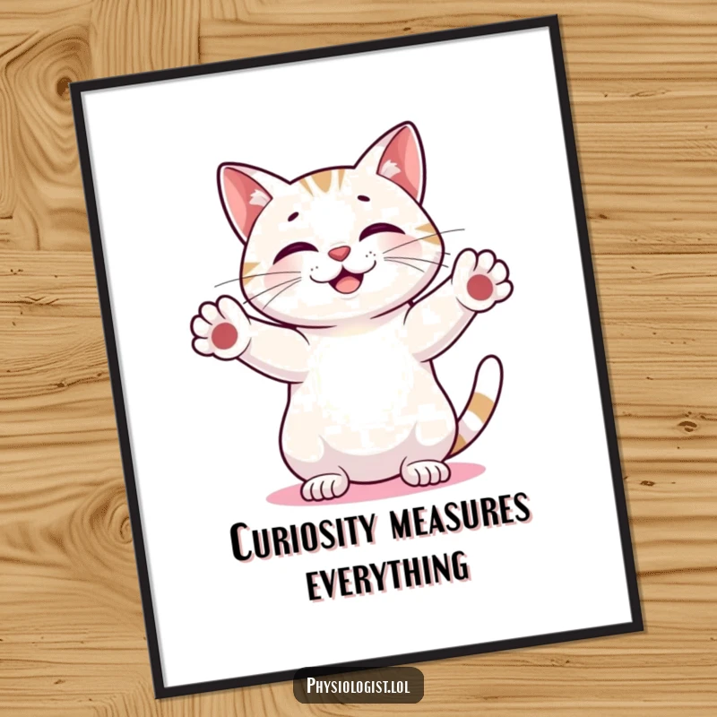 Funny Free Printable Cat Abstract Shape Wall Art: Smiling cat measuring a glowing abstract shape, artistic decor.