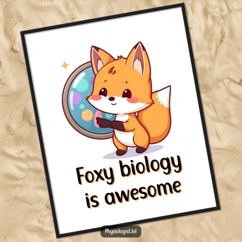 Funny Free Printable Fox Cell Wall Art: An excited fox points at a magnified cell with vibrant, colorful organelles.