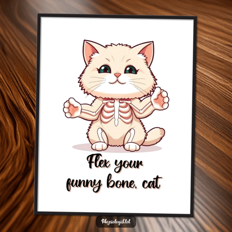 Funny Free Printable Cat Anatomy Wall Art: A fluffy cat stretches its paws to show a skeletal muscle diagram.