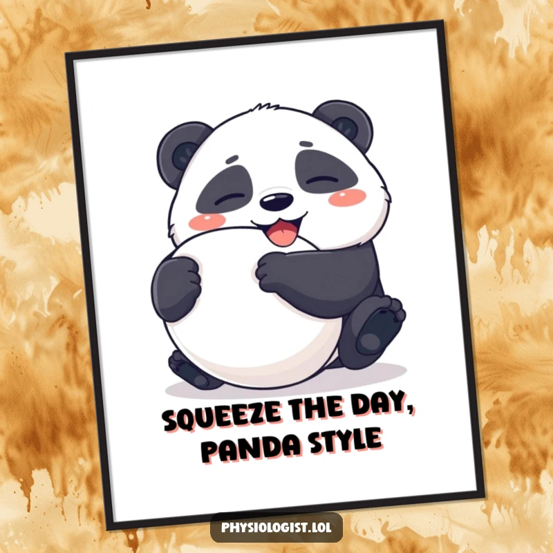 Funny Free Printable wall art of a giggling panda humorously squeezing a giant, ambiguously shaped stress ball.