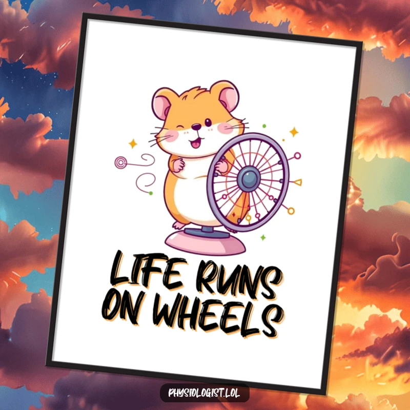 Funny Free Printable Hamster Diagram Wall Art: Happy hamster spinning wheel attached to a complex, colorful diagram, quirky decor.