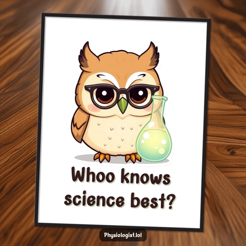 Funny Free Printable Owl Scientist Wall Art: An owl with tiny glasses intently studies a bright, glowing beaker.