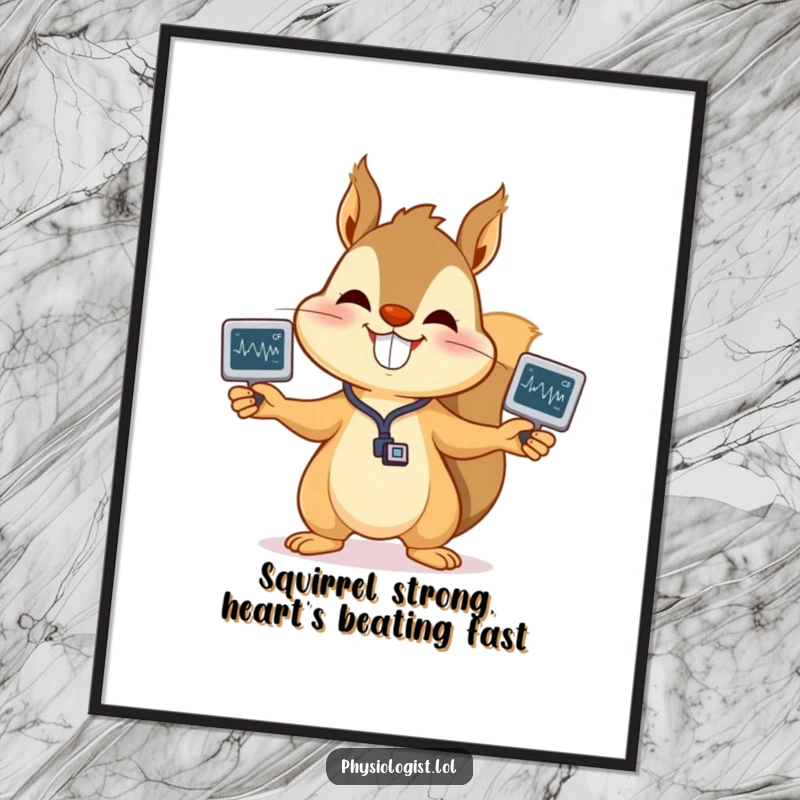 Funny Free Printable Squirrel EKG Wall Art, a happy squirrel juggling miniature heart monitor readouts with a big grin. Whimsical.