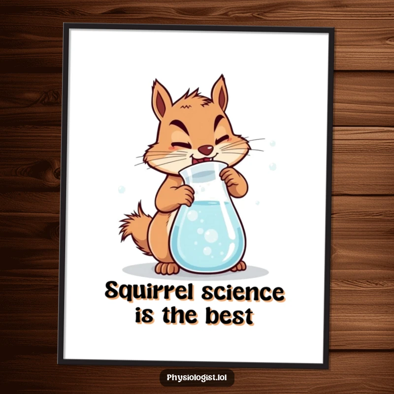 Funny Free Printable Wall Art: Determined squirrel vigorously churning a beaker of bubbly liquid, mad science fun.