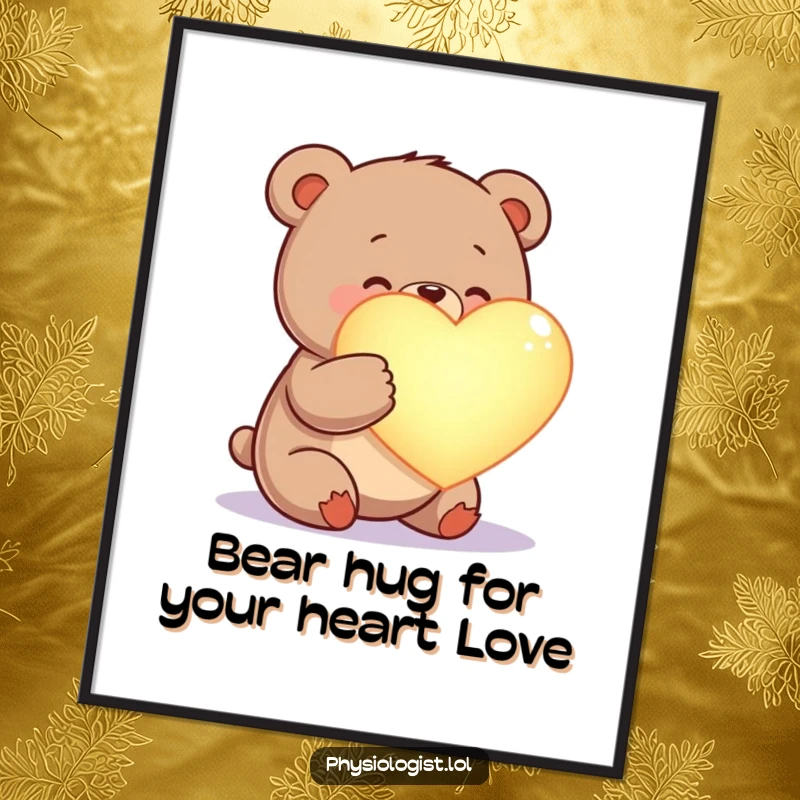 Funny Free Printable Wall Art: A happy bear examining a glowing, oversized heart, a heartwarming downloadable art piece.
