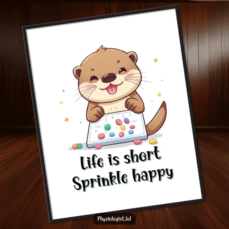 Funny Free Printable Wall Art: Cheerful otter sprinkling glitter and pills onto a microscopic slide, whimsical decor.