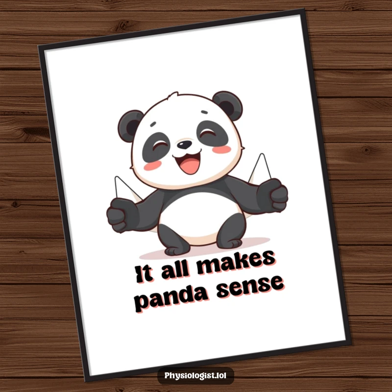 Funny Free Printable Wall Art: A cheerful panda demonstrating muscle movement using puppets, energetic and humorous downloadable art.