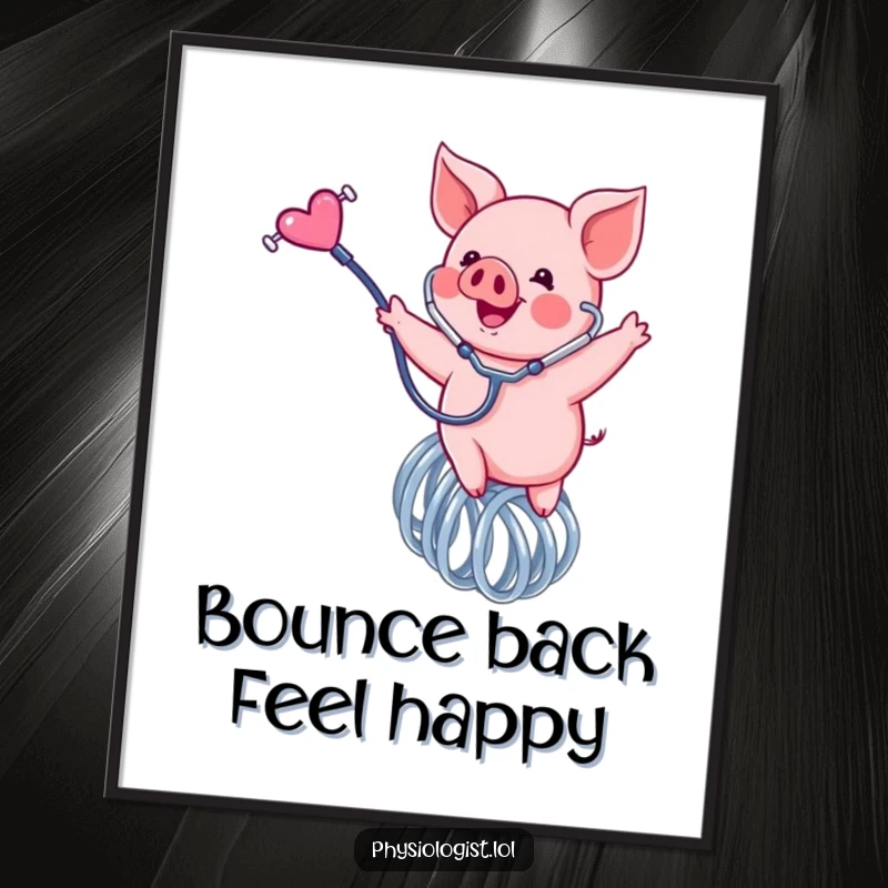 Funny Free Printable Wall Art: A happy pink piglet bouncing enthusiastically on a spring with a stethoscope.
