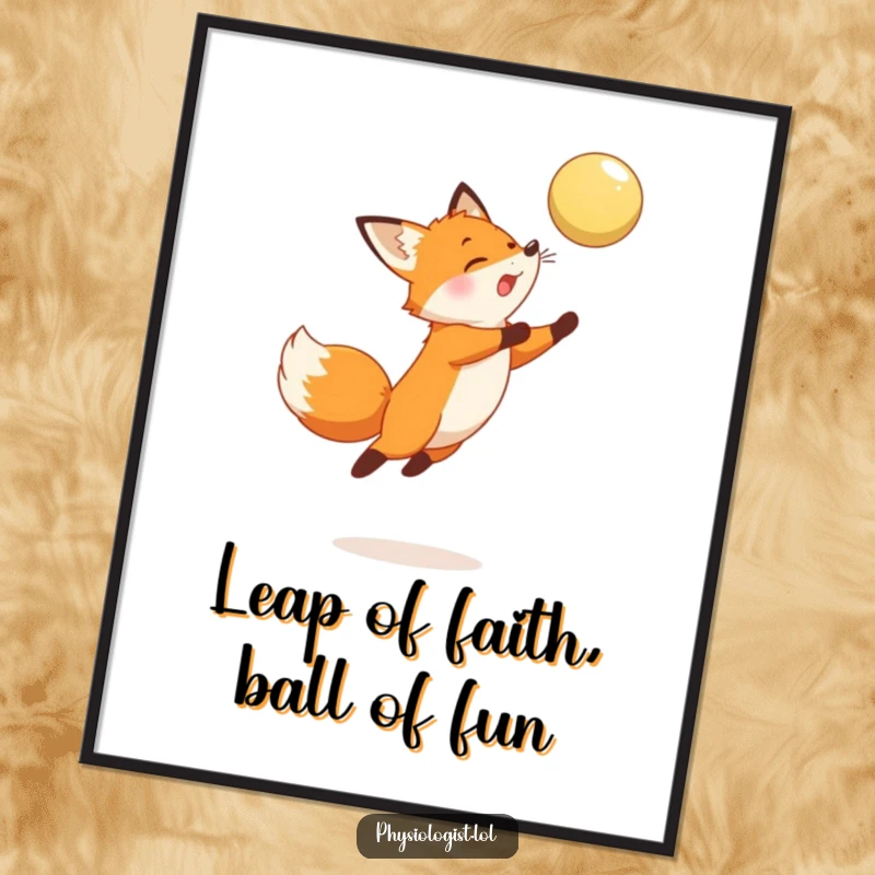 Amusing Free Printable Wall Art depicts a curious fox leaping high in the air, energetically chasing a hovering ball.