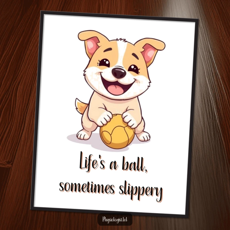 Comical Free Printable Wall Art of a smiling dog comically slipping on a dropped ball, bringing unexpected humor.