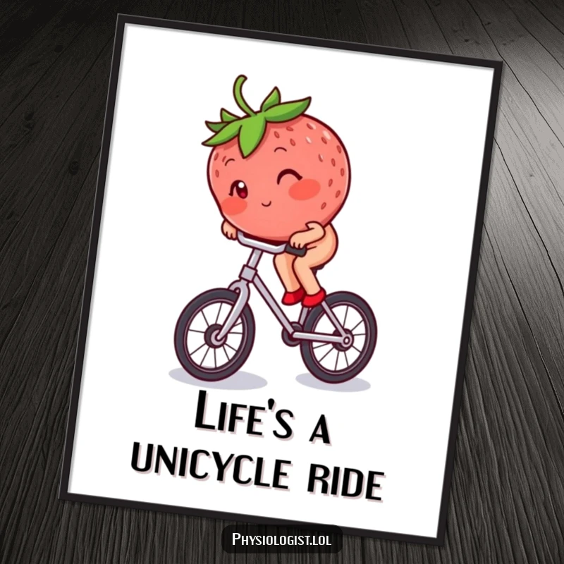 Funny Free Printable Wall Art: Blushing strawberry performing a daring unicycle act, perfect colorful decor.