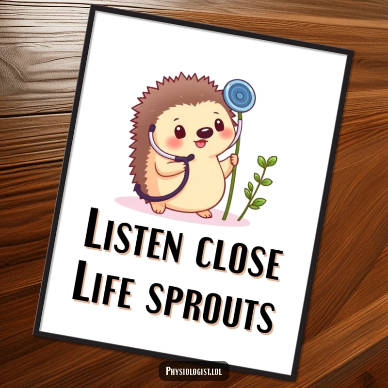 Funny Free Printable Wall Art: Cheerful hedgehog uses a giant stethoscope on a tiny plant sprout, a cute and funny decor.