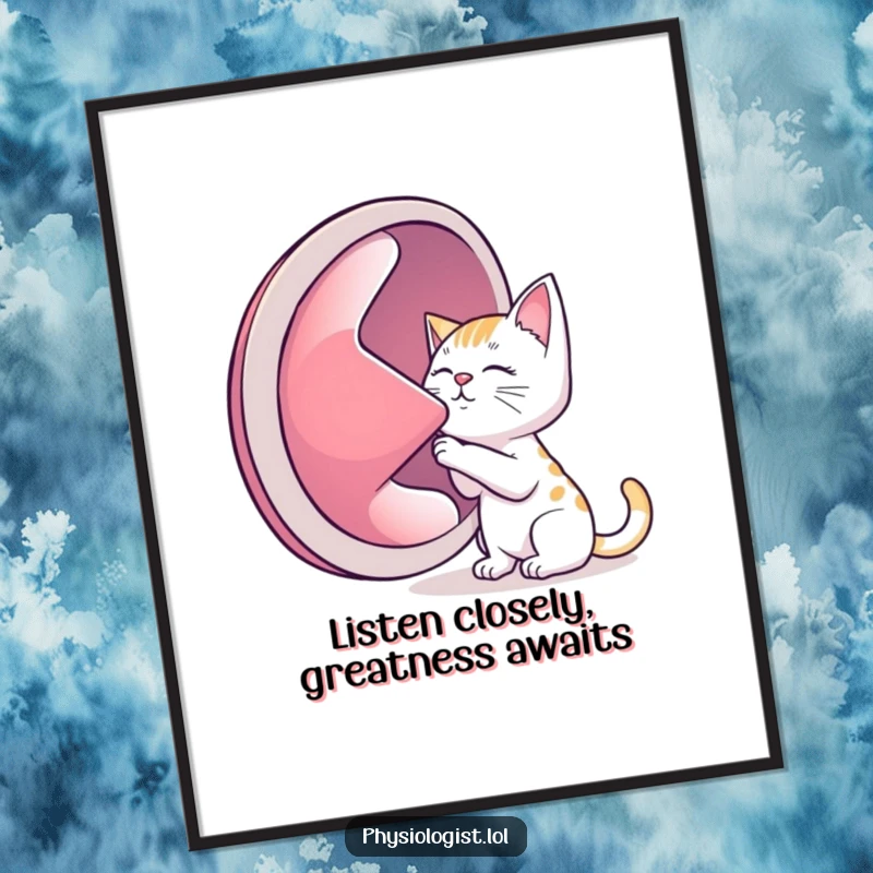 Funny free printable wall art depicting a playful cat intently listening to a comically large, human lung.