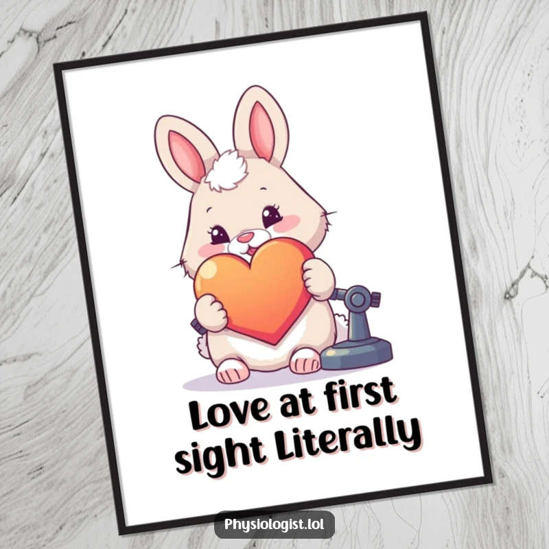 Funny Free Printable Wall Art: Fluffy rabbit happily examines a giant, colorful heart under a microscope, a whimsical wall decor.