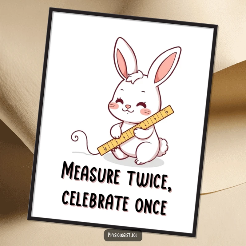 Funny Free Printable Wall Art: A busy rabbit diligently measures a wiggly line with a ruler, perfect for a detail-oriented space.