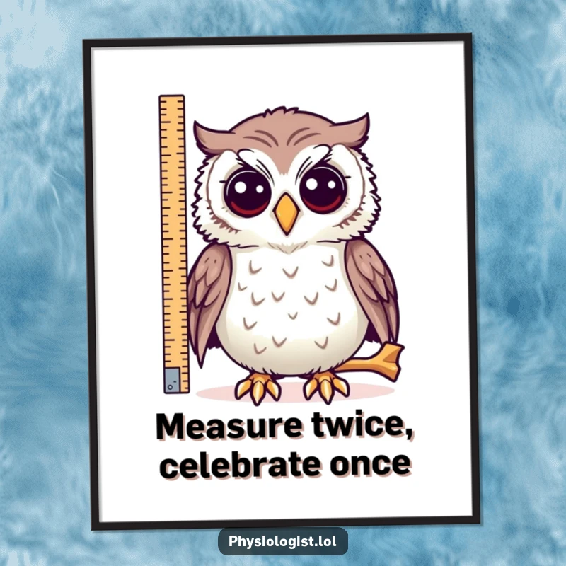 Funny free printable wall art of a curious owl attempting to measure a comically long bone.