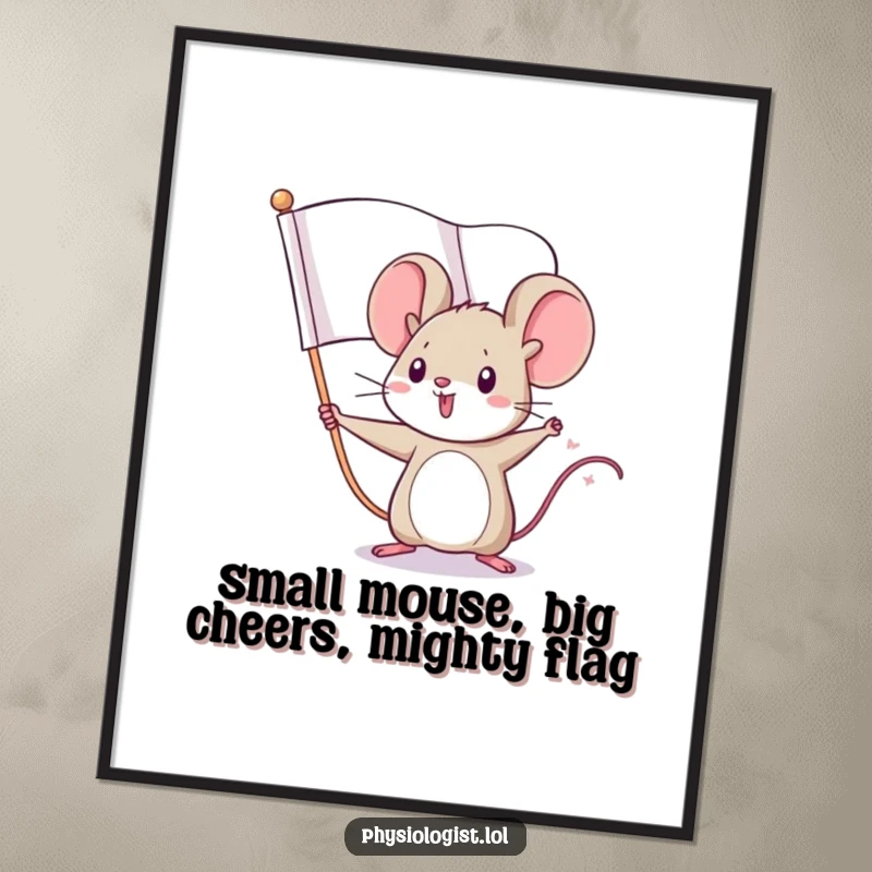 Funny Free Printable Wall Art: Tiny mouse holding oversized flag, fierce determination, cute and inspiring, instant downloadable art.