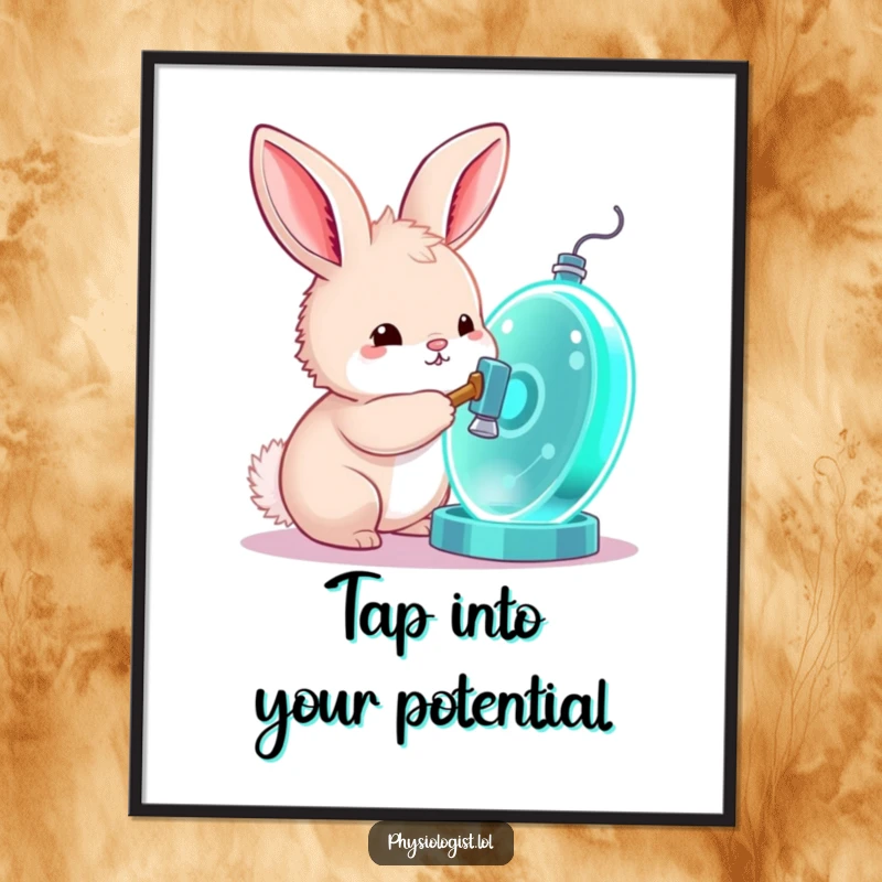Funny Free Printable Wall Art: Curious bunny tapping a large, glowing cell model with a tiny hammer, scientific humor.