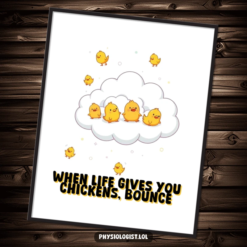 Funny free printable wall art: A fluffy cloud is raining tiny, bouncing rubber chickens.