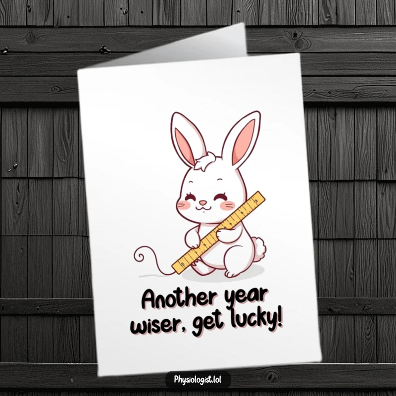 Funny Free Printable Birthday Card: A busy rabbit diligently measures a wiggly line with a ruler, a unique DIY gift.