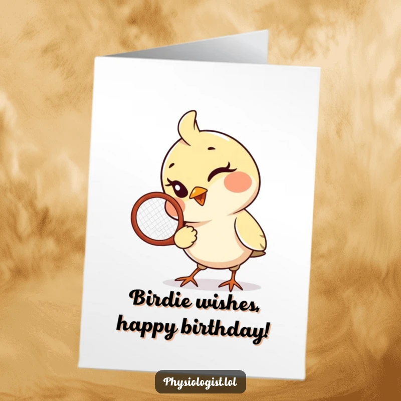 Funny Free Printable Birthday Card: Playful bird winks while holding a racquet, sending downloadable birthday cheer with sporty flair.